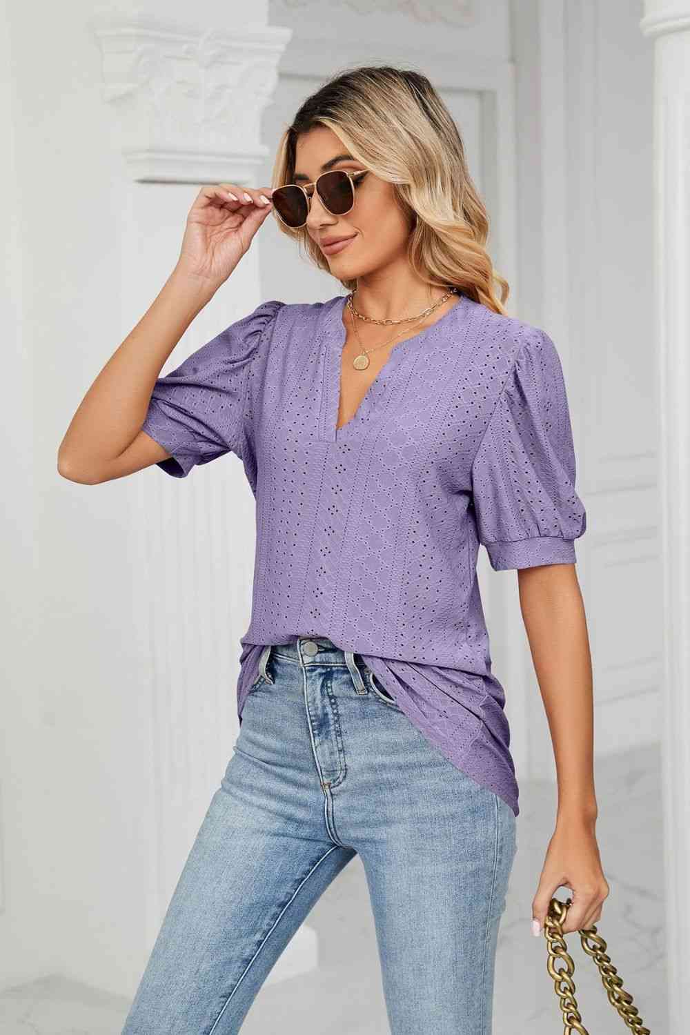 Eyelet Short Puff Sleeve Notched Neck Top - Ladyez