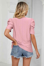 Eyelet Puff Sleeve Round Neck Blouse - Ladyez