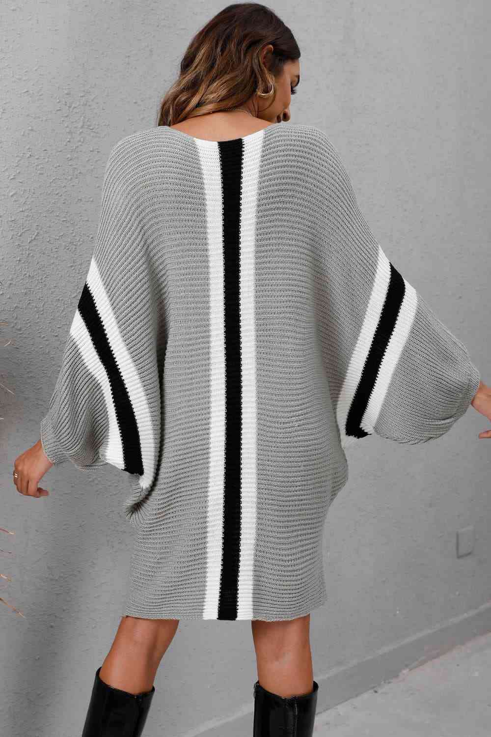 Ribbed Round Neck Long Sleeve Sweater Dress - Ladyez