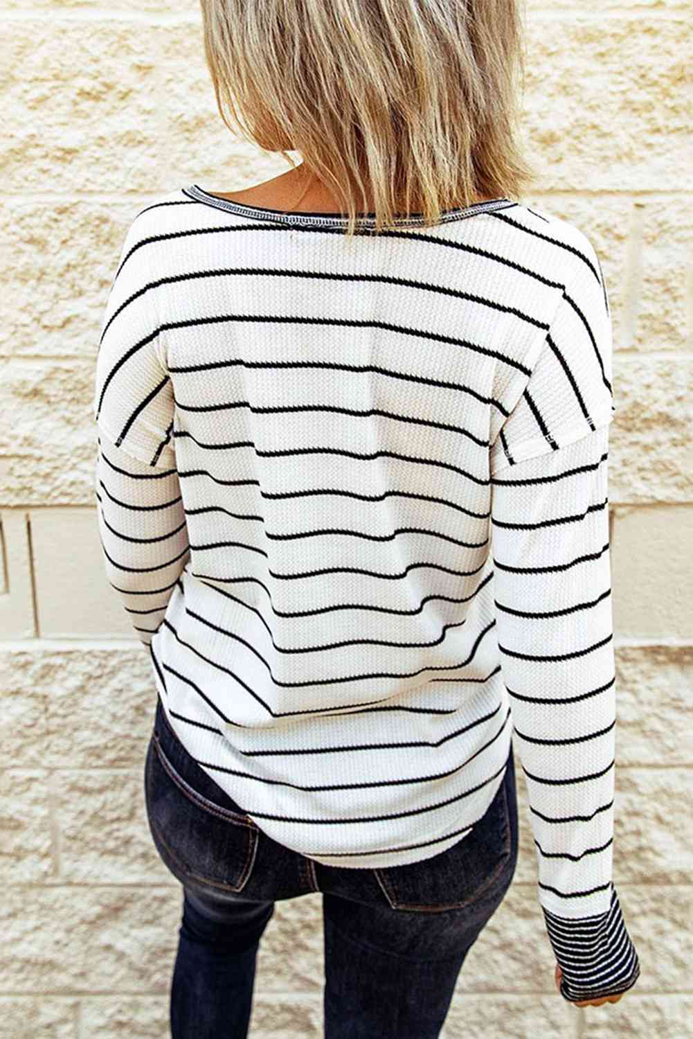 Striped Waffle Knit Henley Long Sleeve Top - Ladyez