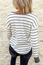 Striped Waffle Knit Henley Long Sleeve Top - Ladyez
