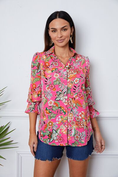 Floral Button Up Flounce Sleeve Shirt - Ladyez