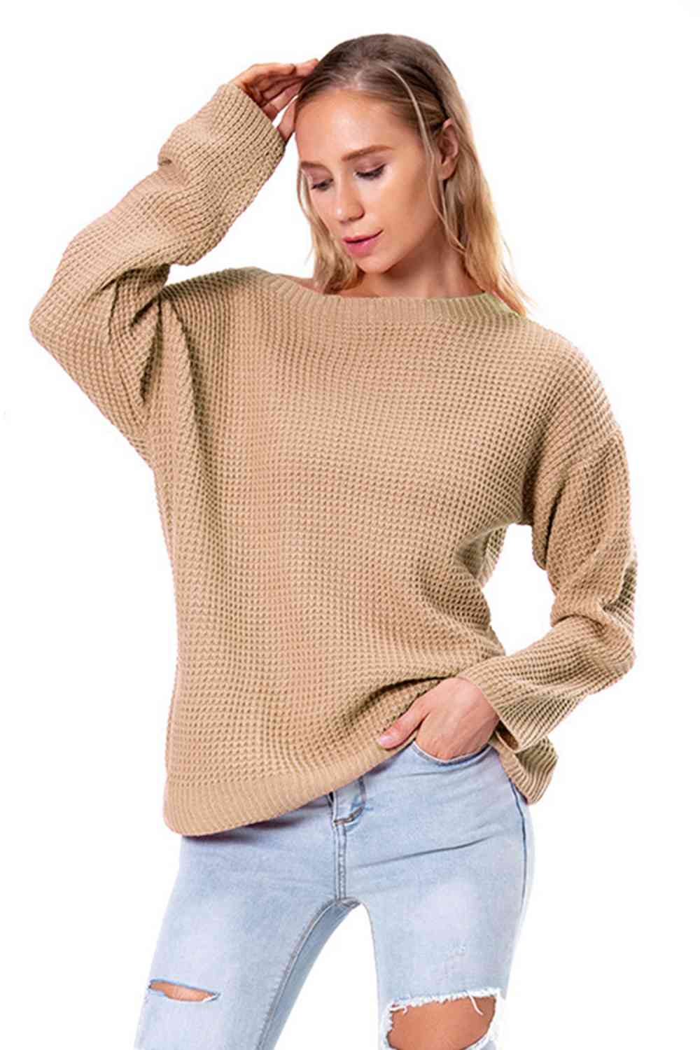 Boat Neck Drop Shoulder Long Sleeve Sweater - Ladyez