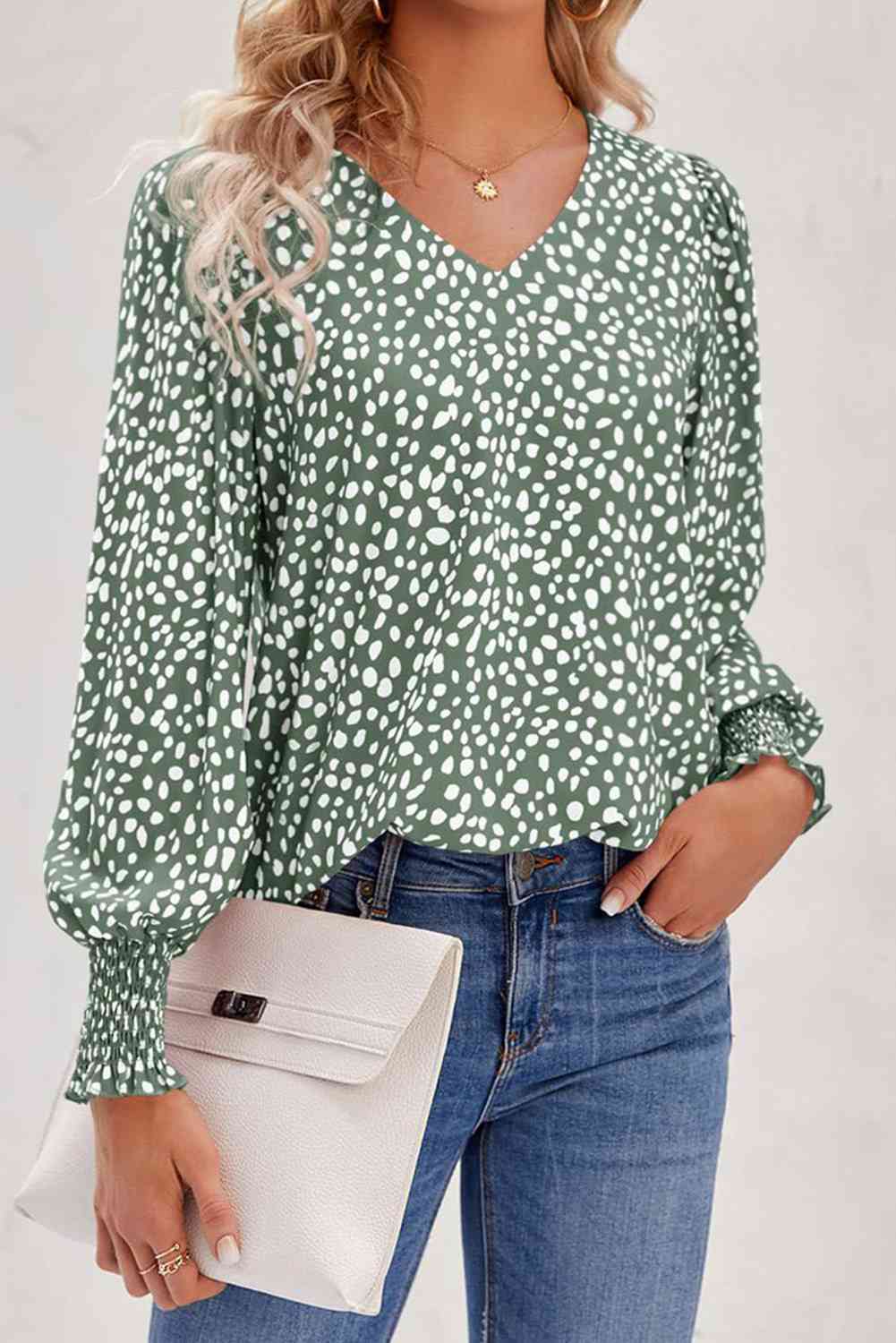Printed V-Neck Smocked Lantern Sleeve Blouse - Ladyez