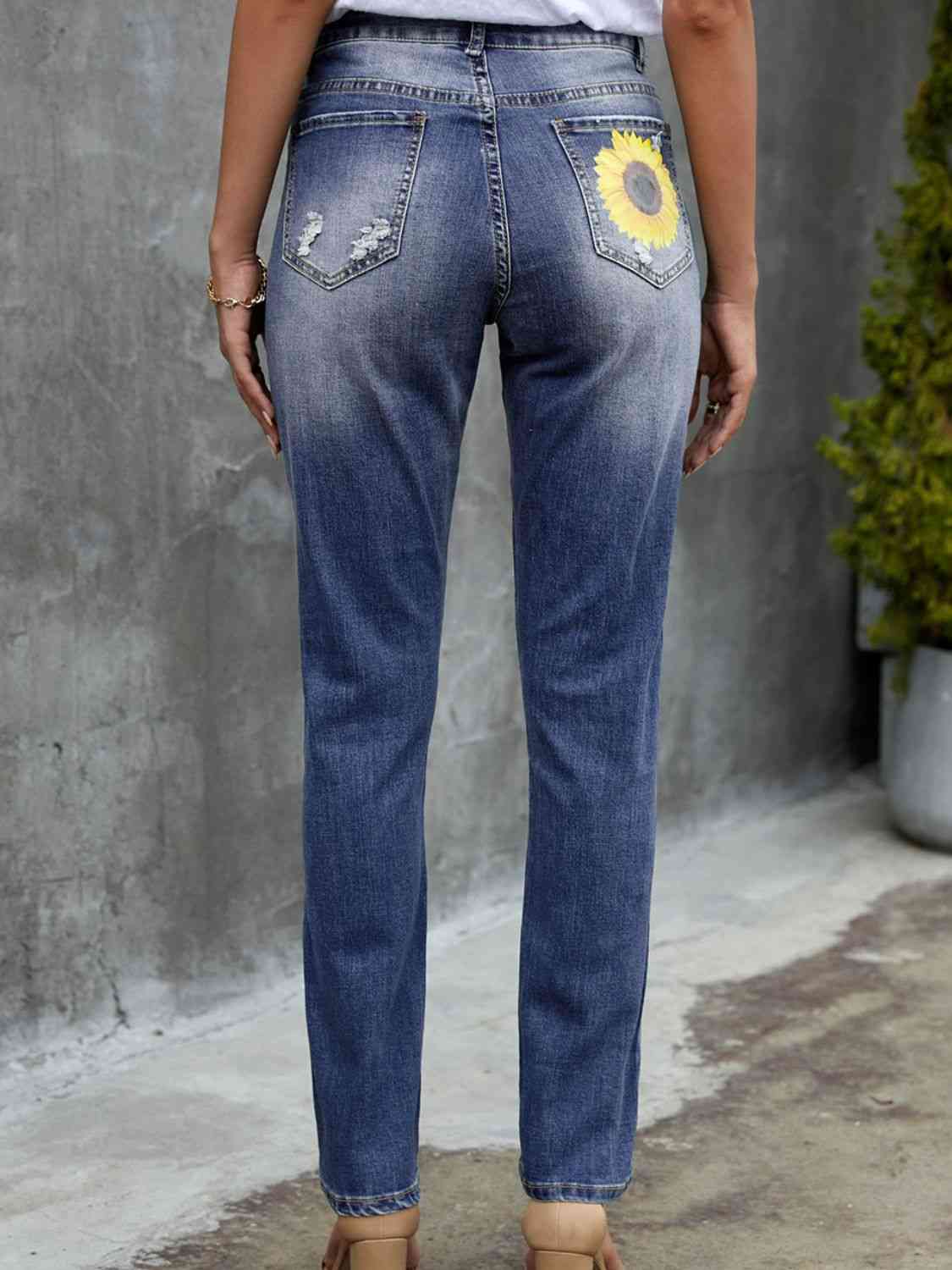 Leopard Patchwork Sunflower Print Distressed High Waist Jeans - Ladyez