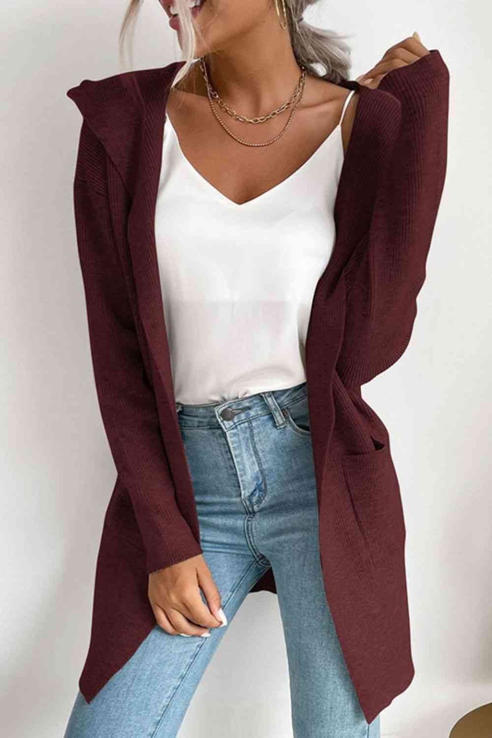 Double Take Ribbed Open Front Hooded Cardigan with Pockets - Ladyez