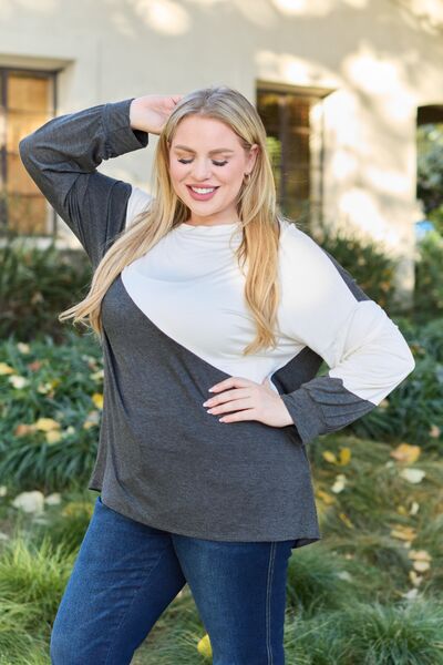 Celeste Design Full Size Contrast Long Sleeve Top - Ladyez