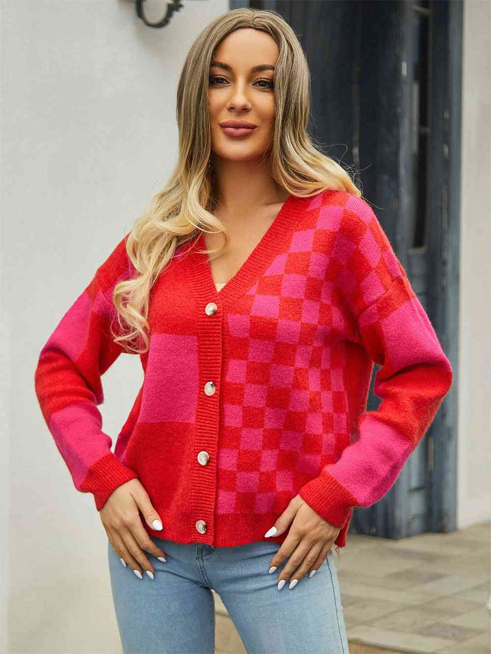 Plaid V-Neck Dropped Shoulder Cardigan - Ladyez