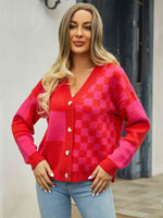 Plaid V-Neck Dropped Shoulder Cardigan - Ladyez