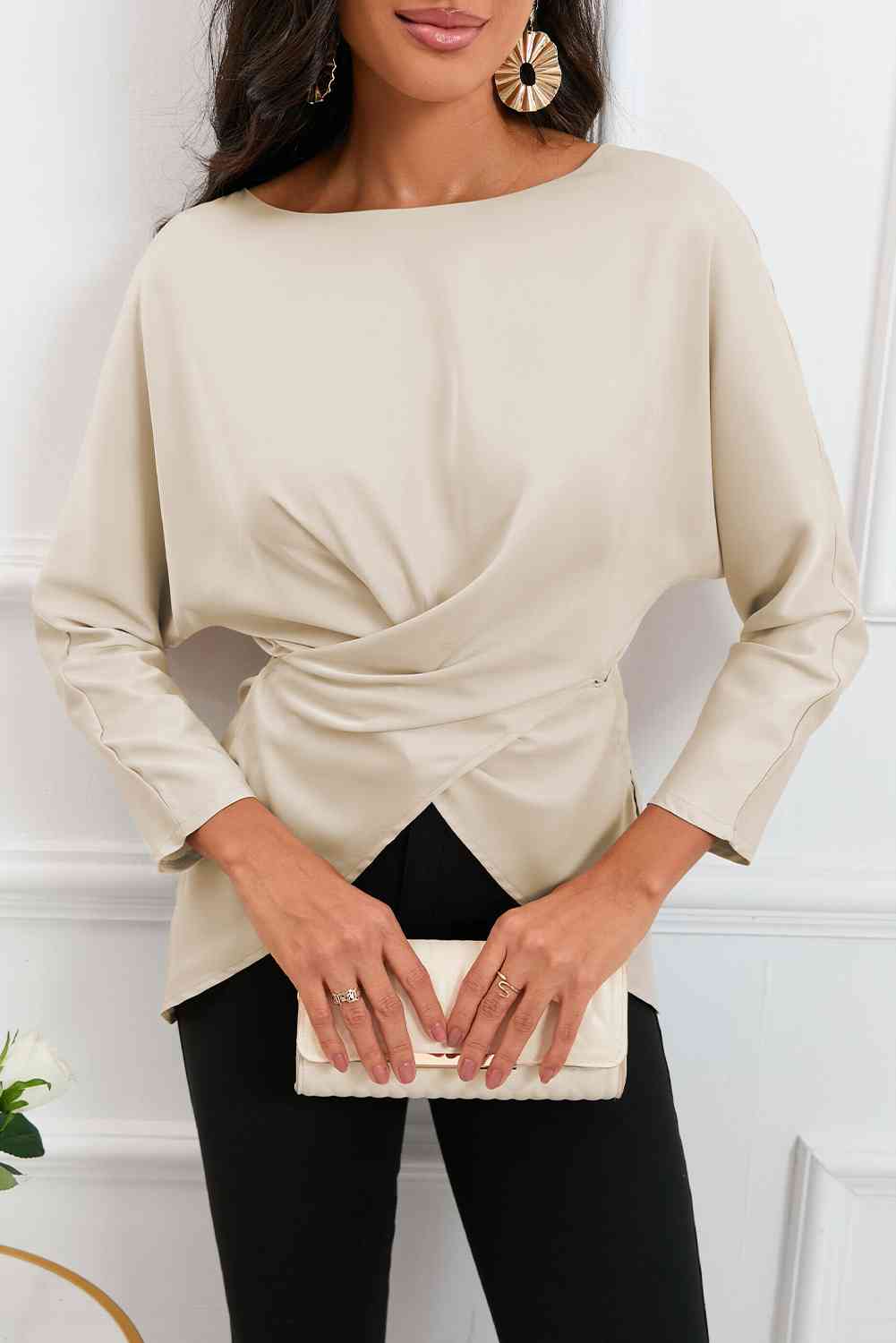 Boat Neck Back Tie Long Sleeve Satin Blouse - Ladyez