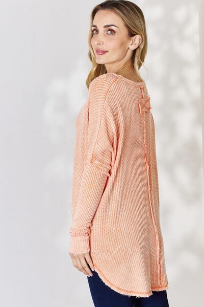 Zenana Oversized Washed Waffle Long Sleeve Top - Ladyez
