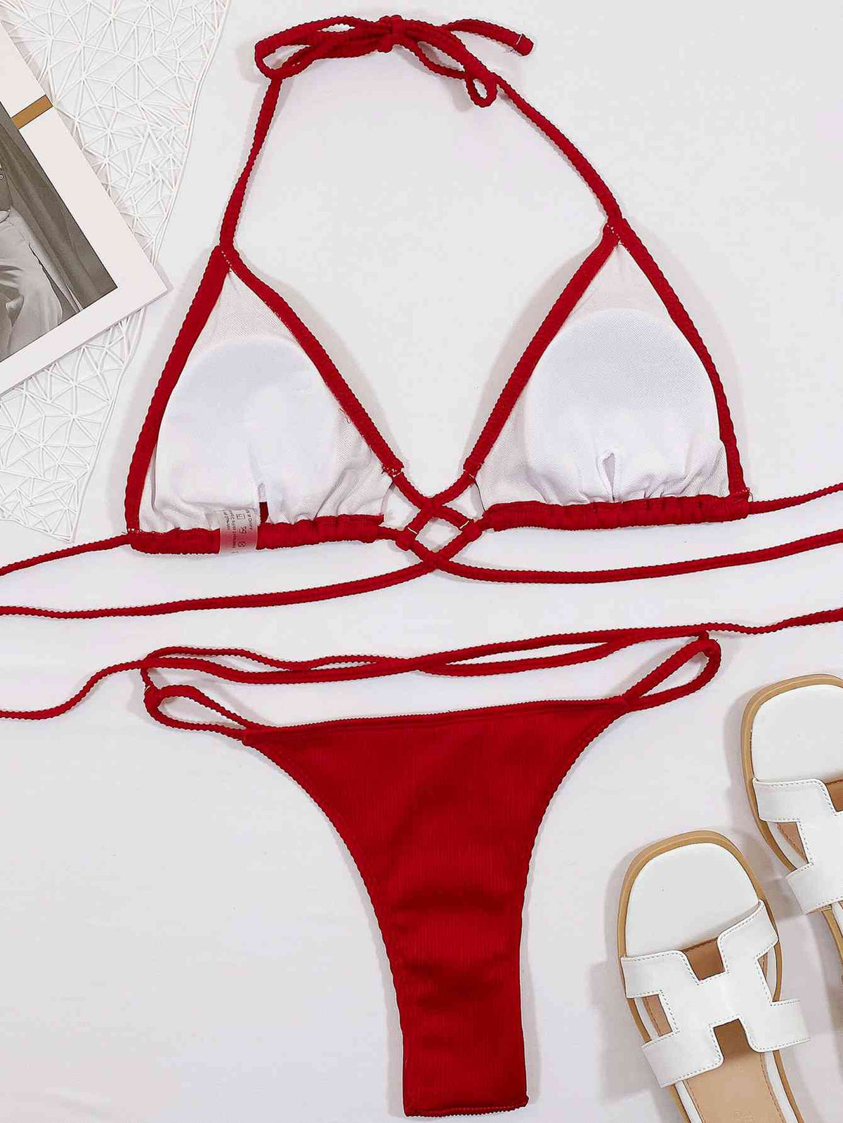 Halter Neck Crisscross Ribbed Bikini Set - Ladyez
