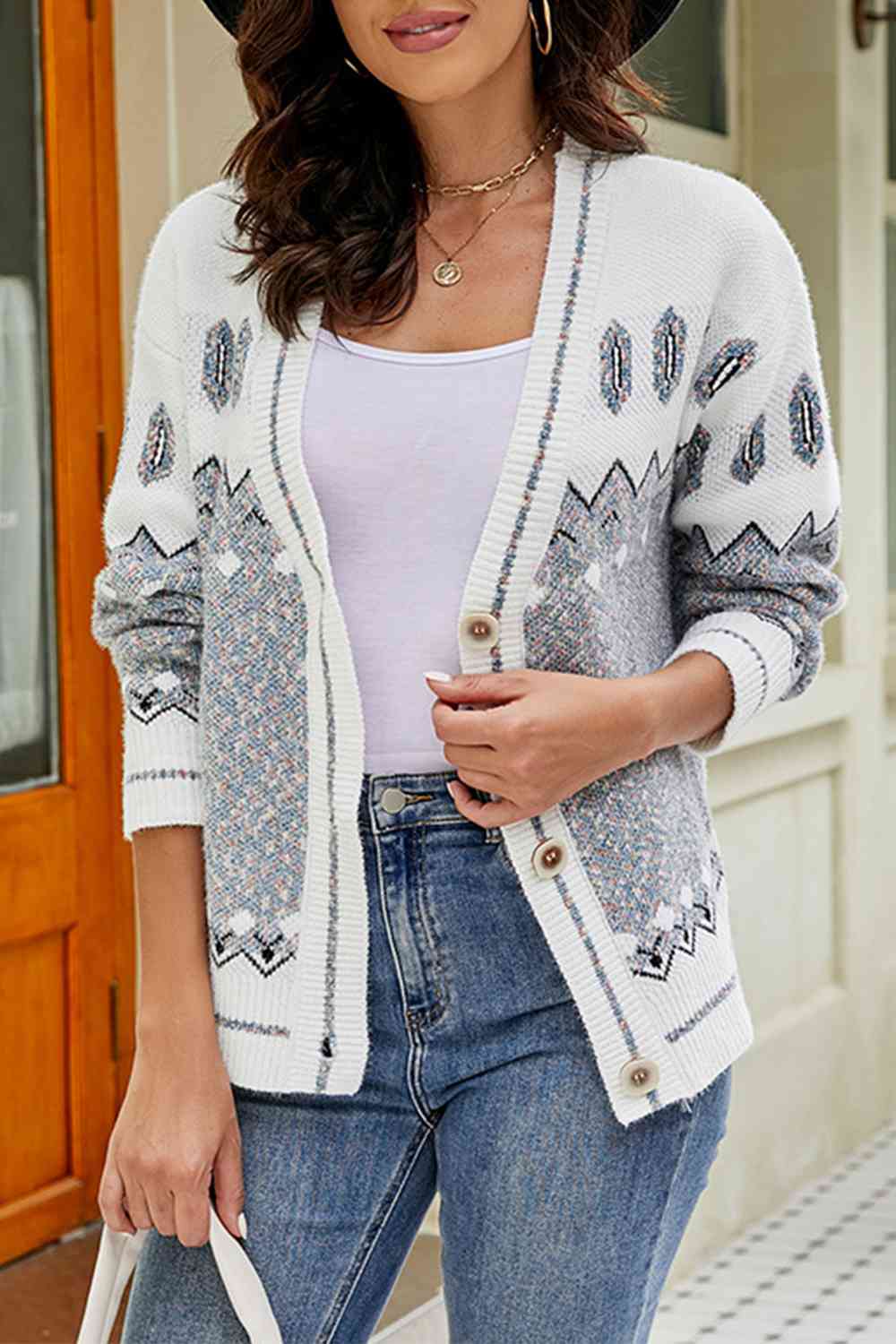 Printed V-Neck Buttoned Cardigan - Ladyez