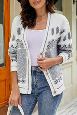 Printed V-Neck Buttoned Cardigan - Ladyez