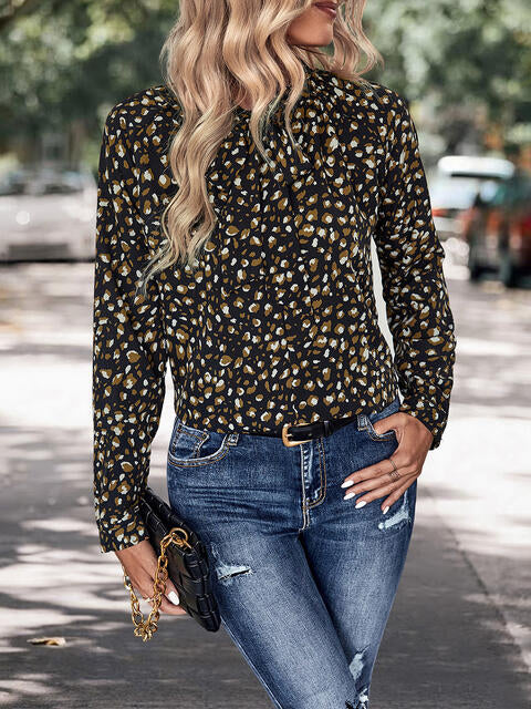 Printed Tie Neck Long Sleeve Top - Ladyez