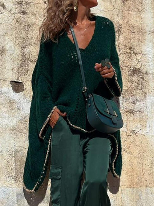 Contrast V-Neck Long Sleeve Sweater - Ladyez