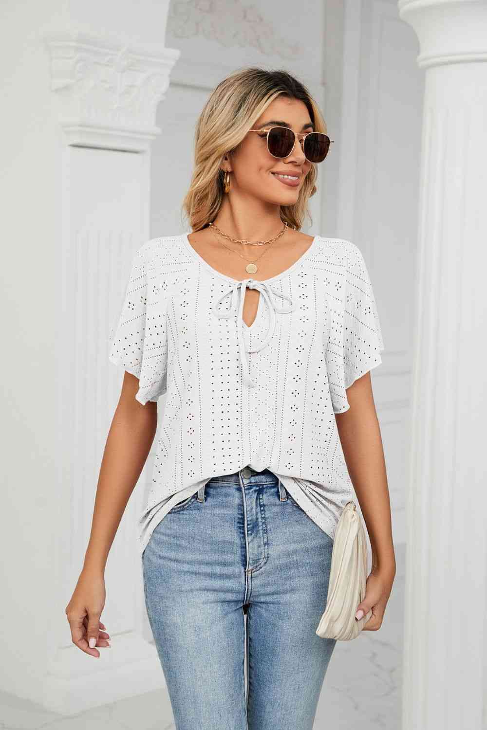 Eyelet Tie-Neck Flutter Sleeve Top - Ladyez