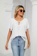 Eyelet Tie-Neck Flutter Sleeve Top - Ladyez