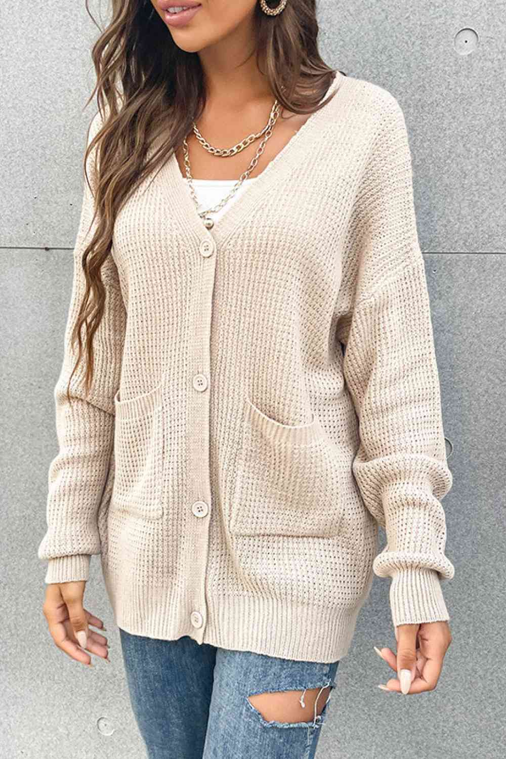 Button Front Drop Shoulder Waffle Cardigan - Ladyez