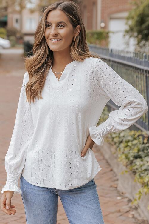 Openwork Notched Flounce Sleeve Blouse - Ladyez