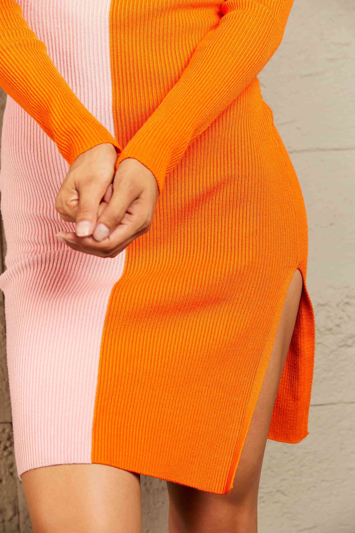 Woven Right Contrast Slit Sweater Dress - Ladyez