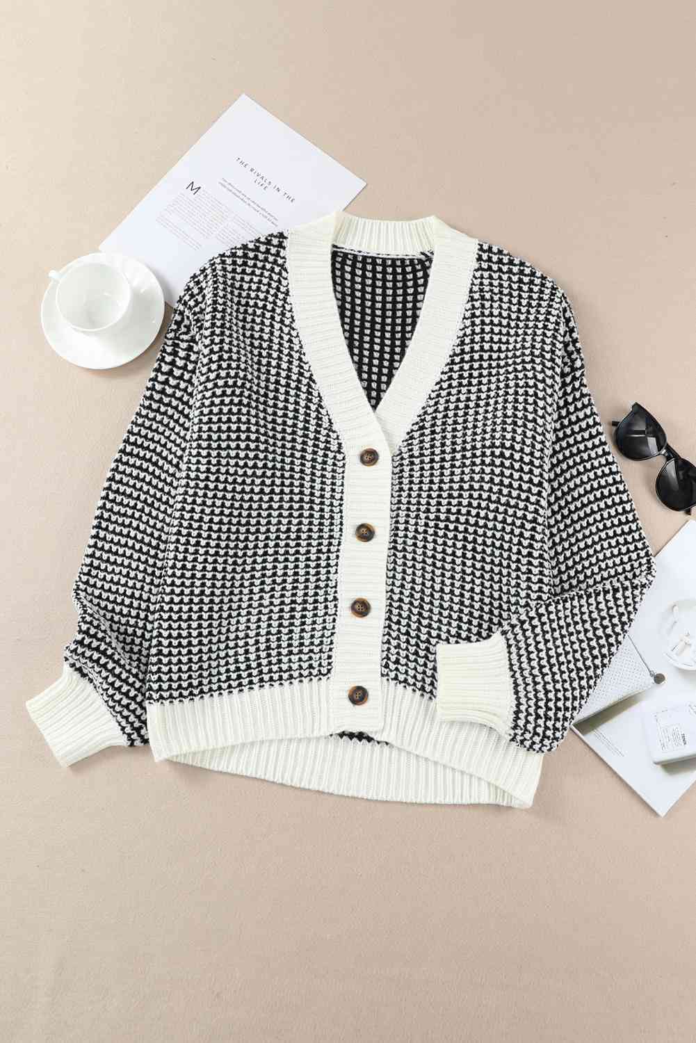 Woven Right Waffle-Knit Drop Shoulder Button-Down Cardigan - Ladyez