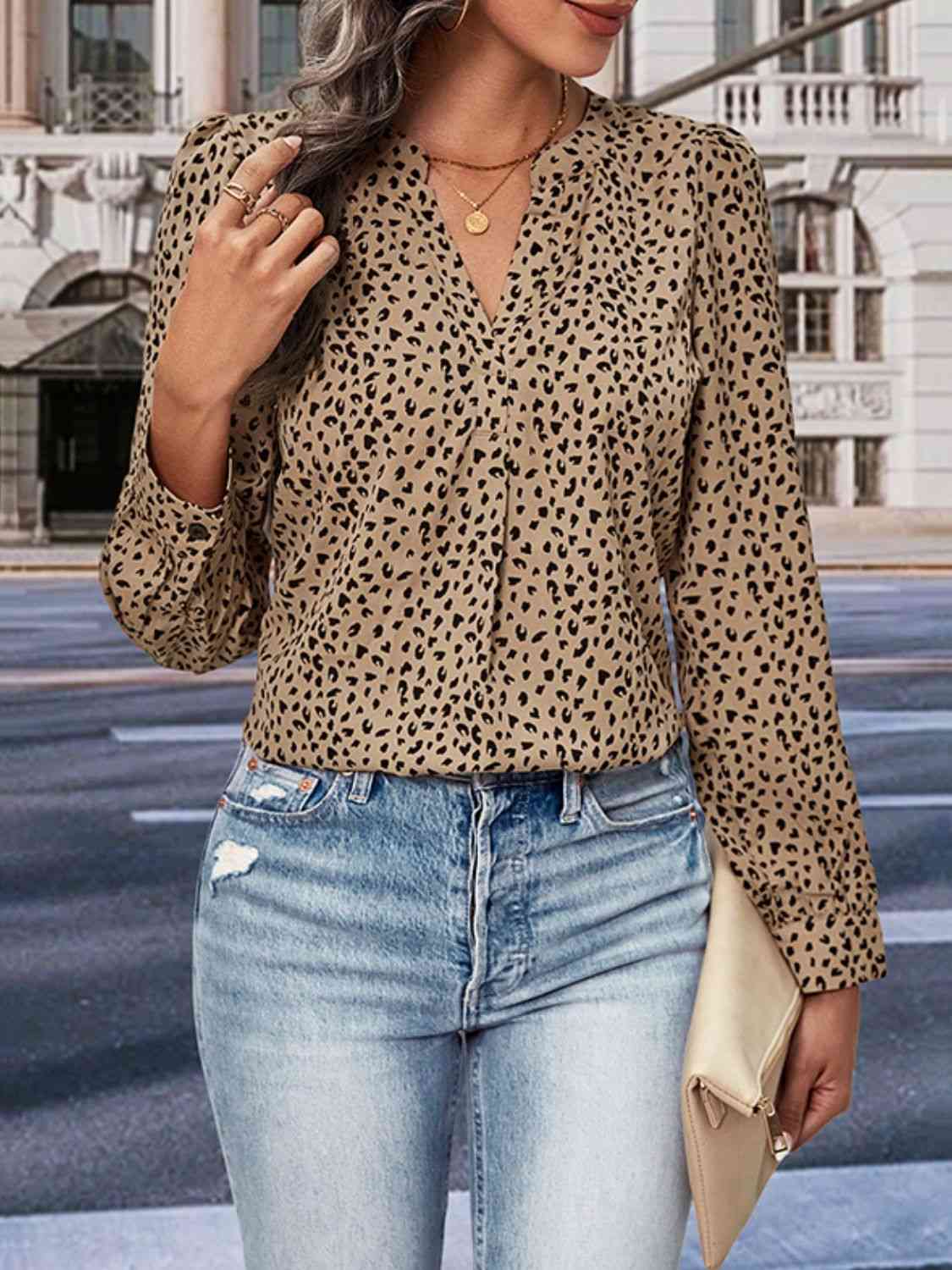 Leopard Notched Neck Puff Sleeve Blouse - Ladyez