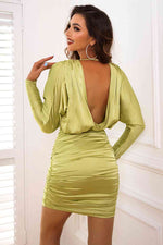 Open Back Ruched Long Sleeve Dress - Ladyez