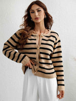 Woven Right Striped Button Front Cardigan - Ladyez