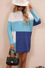 Color Block Mock Neck Dropped Shoulder Sweater Dress - Ladyez