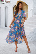 Smocked Floral V-Neck Short Sleeve Dress - Ladyez
