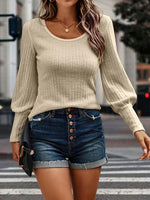 Ribbed Round Neck Lantern Sleeve Knit Top - Ladyez