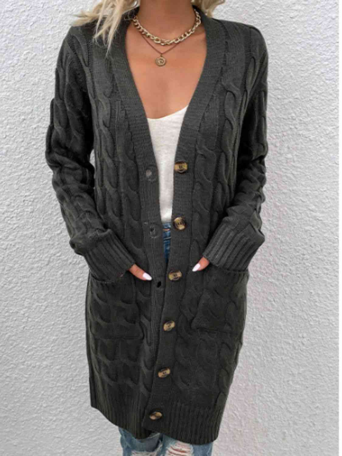 Cable-Knit Button Down Cardigan with Pockets - Ladyez