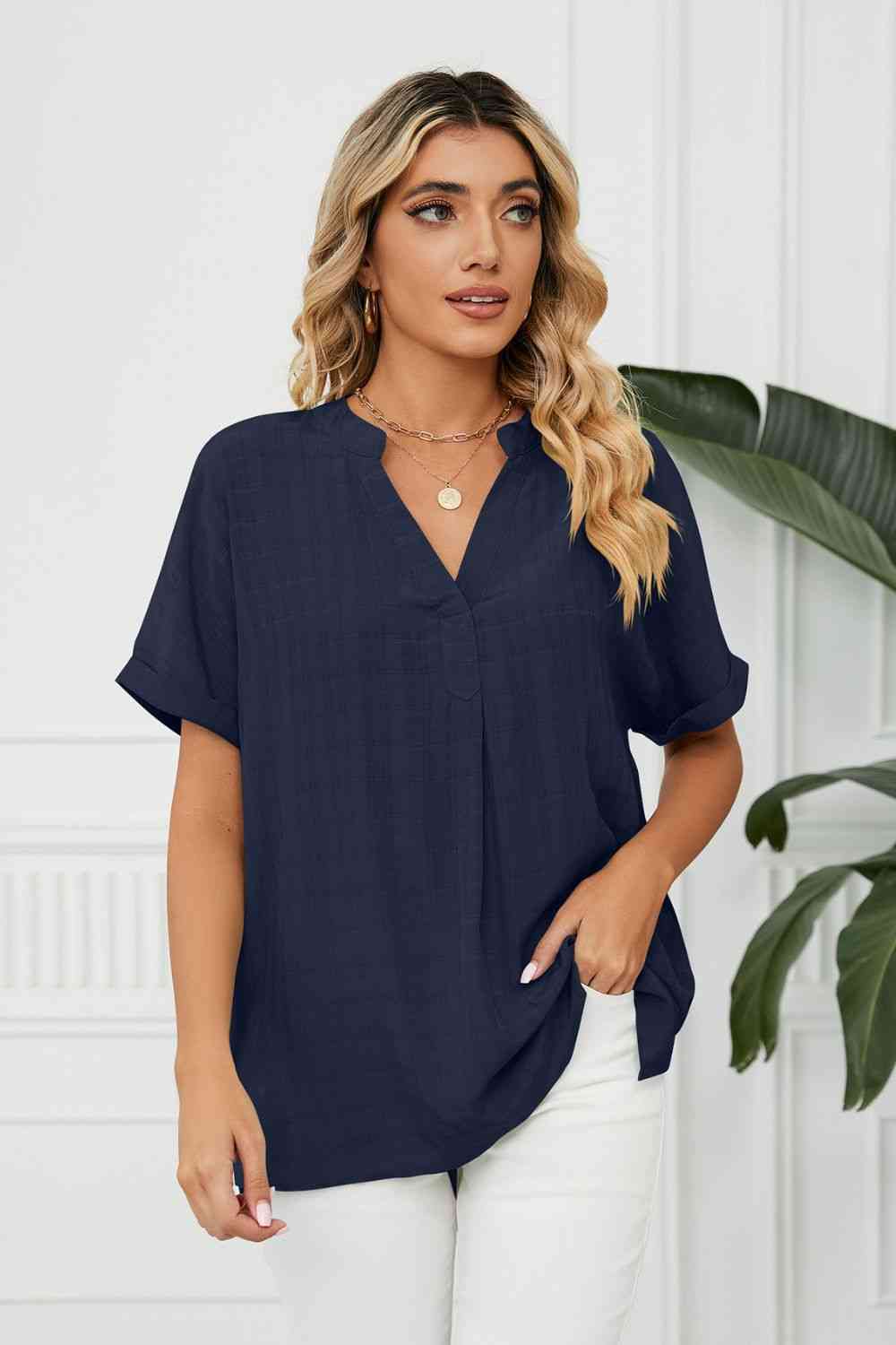 Side Slit Notched Neck Cuffed Short Sleeve Blouse - Ladyez