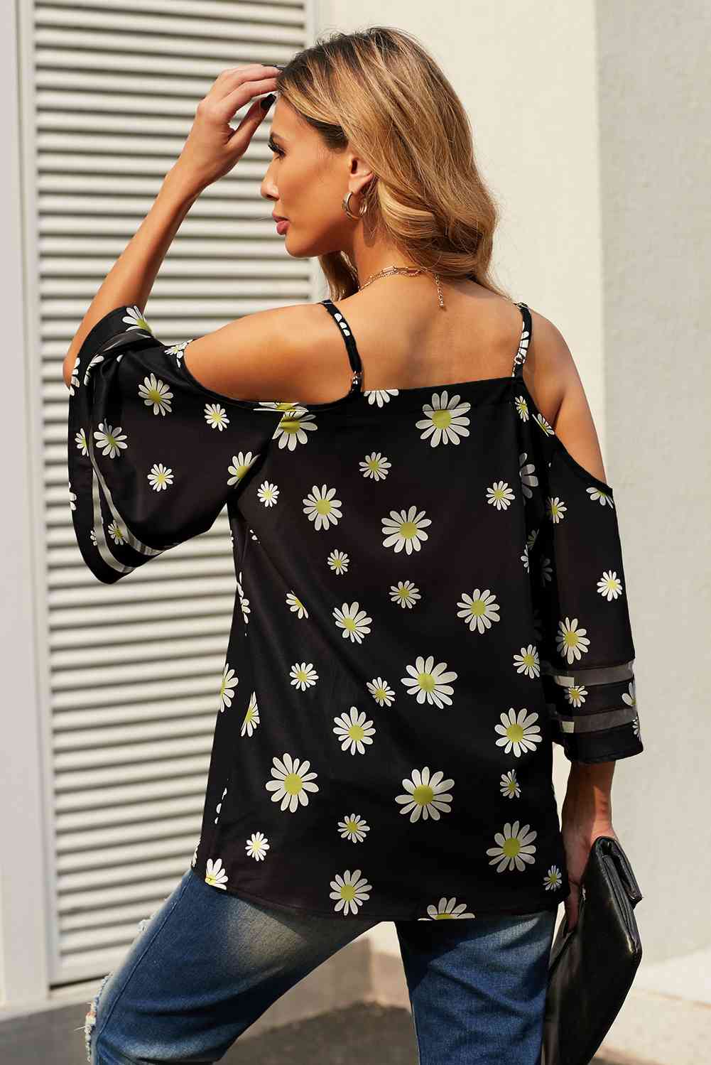 Printed Cold-Shoulder Three-Quarter Flare Sleeve Blouse - Ladyez