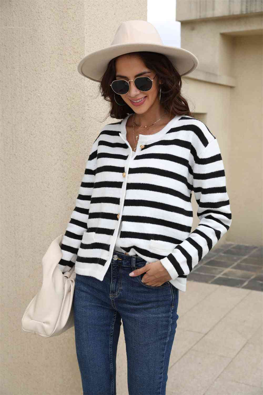 Striped Round Neck Button-Down Dropped Shoulder Cardigan - Ladyez