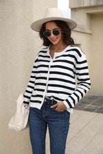 Striped Round Neck Button-Down Dropped Shoulder Cardigan - Ladyez