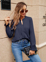 Pleated Notched Neck Flounce Sleeve Blouse - Ladyez