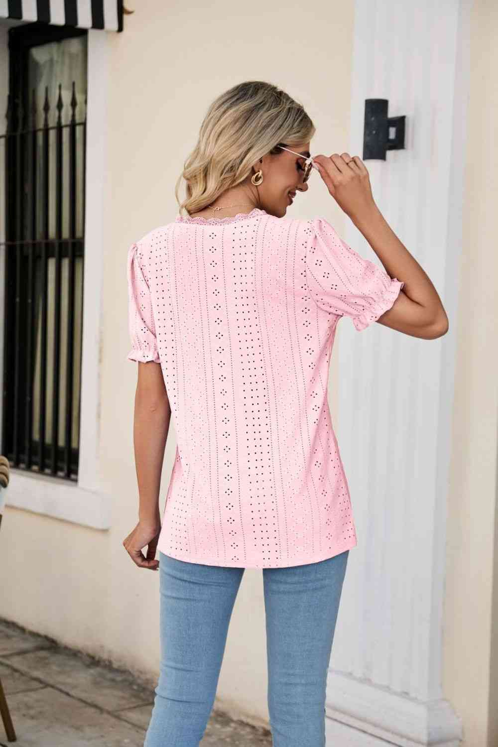 Eyelet Flounce Sleeve Scalloped V-Neck Top - Ladyez