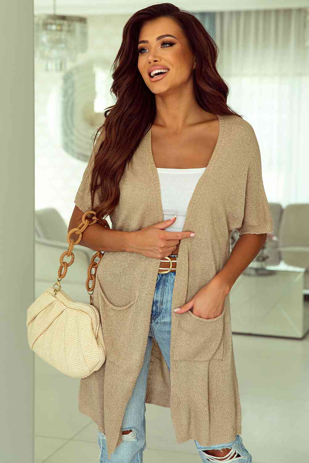 Open Front Sweater Cardigan with Pockets - Ladyez