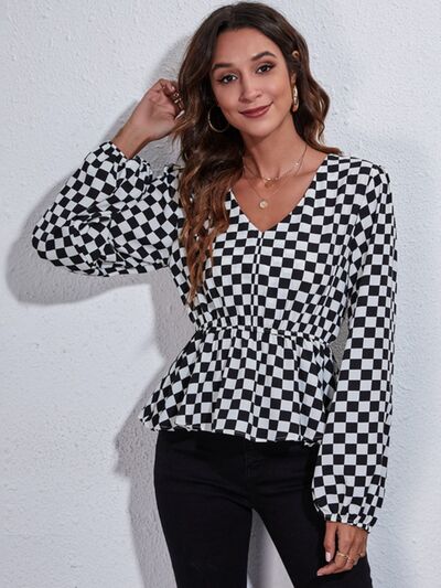 Checkered V-Neck Balloon Sleeve Peplum Blouse - Ladyez