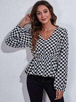 Checkered V-Neck Balloon Sleeve Peplum Blouse - Ladyez