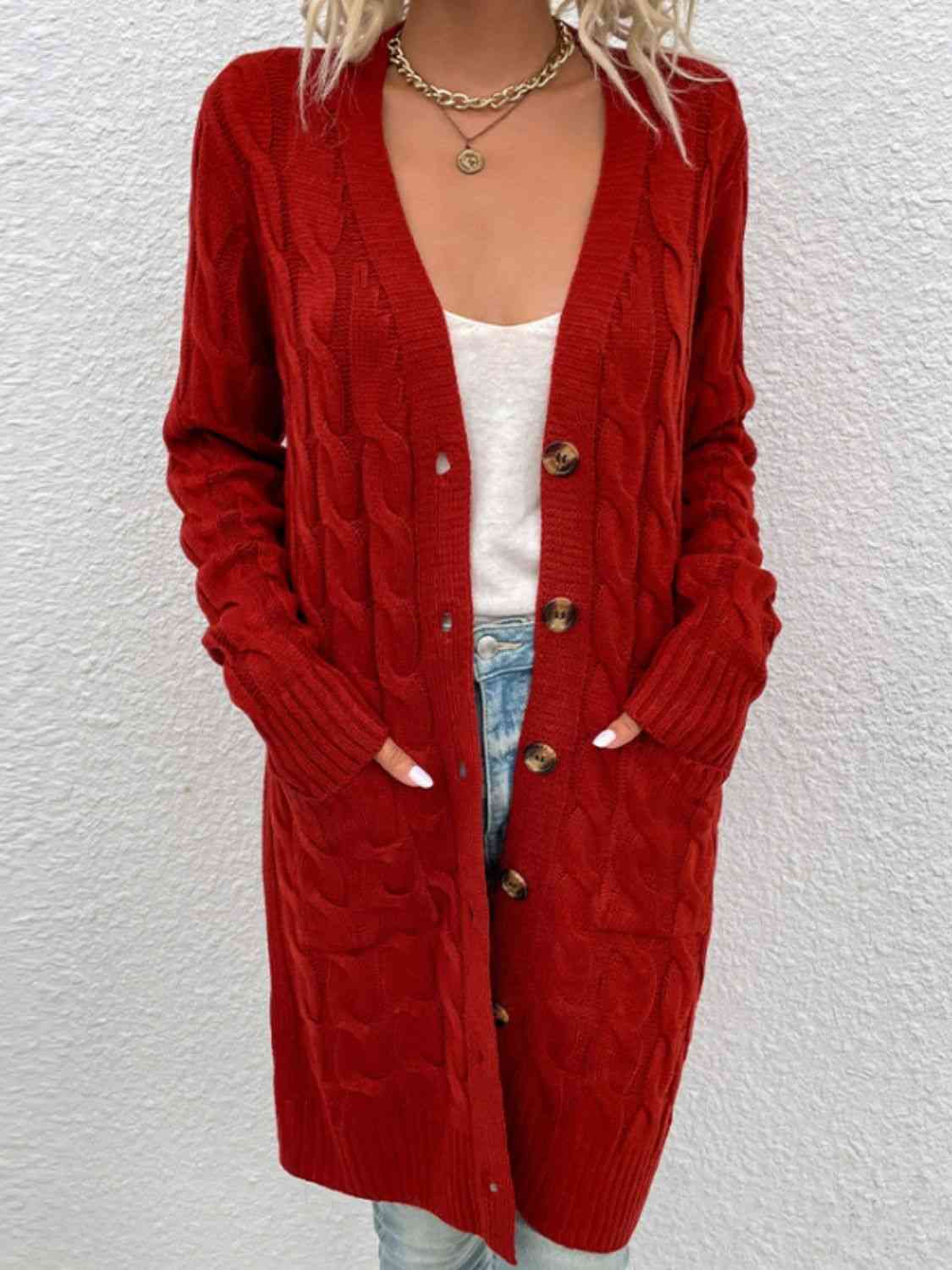 Cable-Knit Button Down Cardigan with Pockets - Ladyez