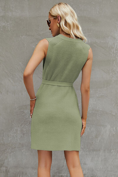 Tied Round Neck Sleeveless Sweater Dress - Ladyez