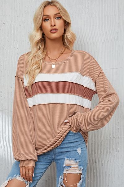 Ribbed Color Block Exposed Seam Round Neck Blouse - Ladyez