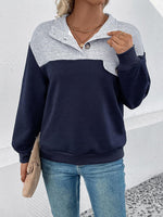 Textured Contrast Half Button Sweatshirt - Ladyez