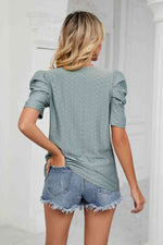Eyelet Puff Sleeve Round Neck Blouse - Ladyez