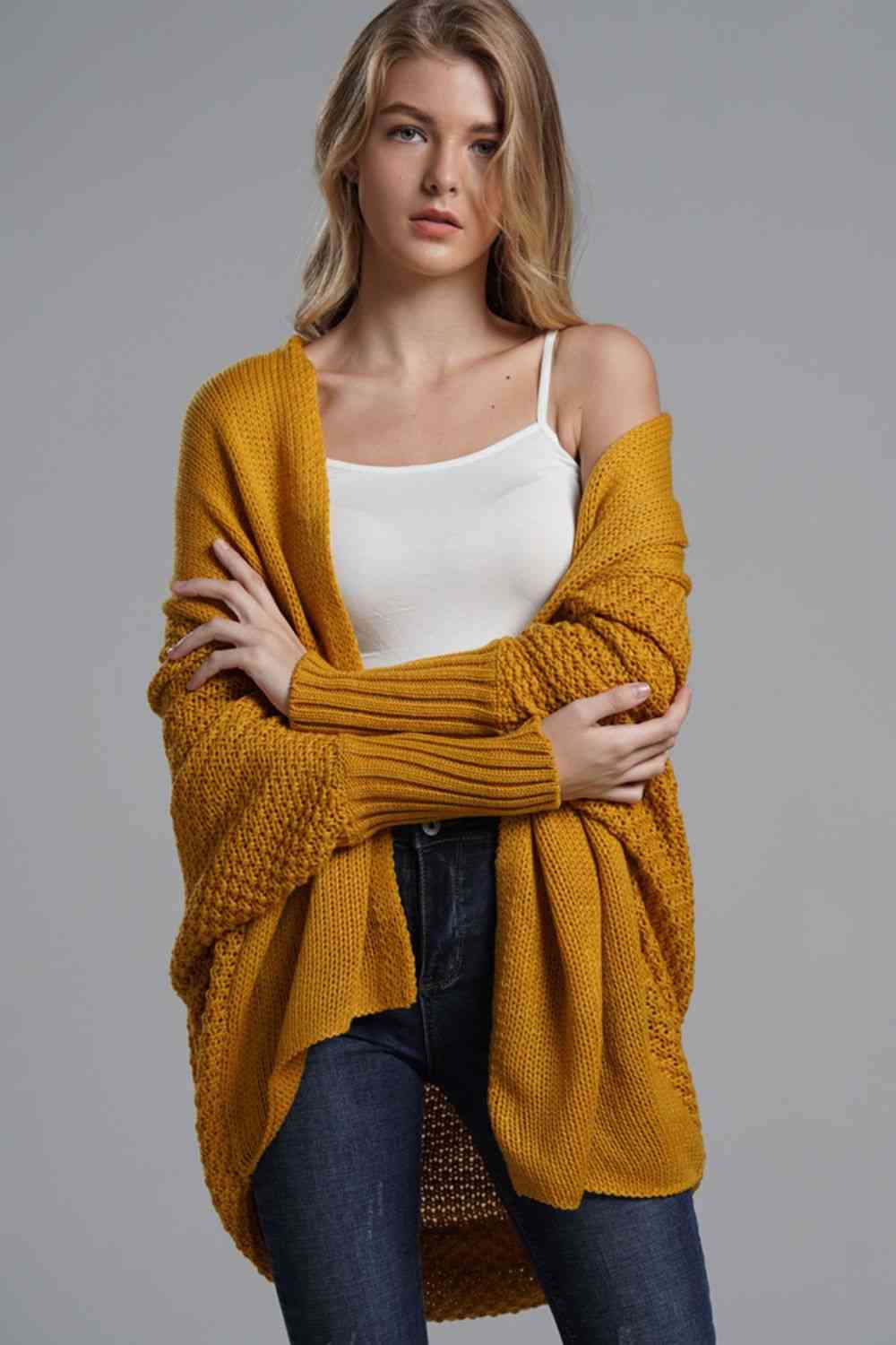 Double Take Dolman Sleeve Open Front Ribbed Trim Longline Cardigan - Ladyez