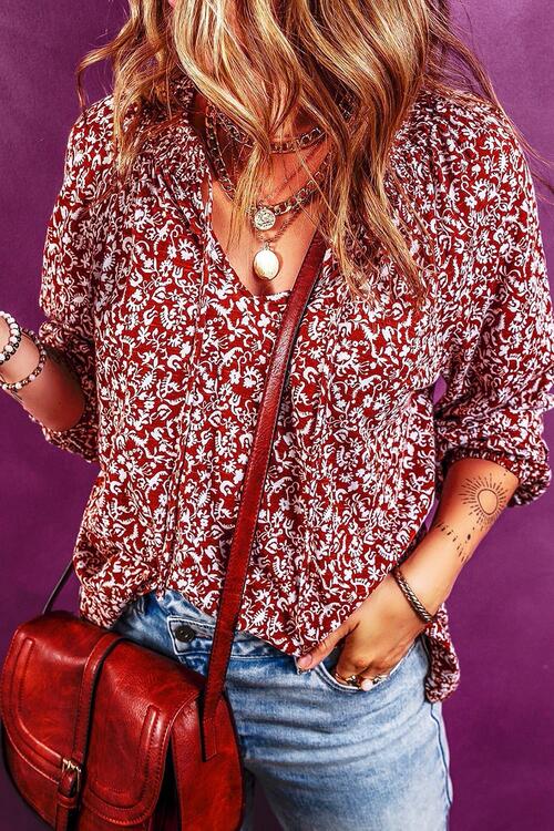 Printed Tie Neck Ballon Sleeve Blouse - Ladyez