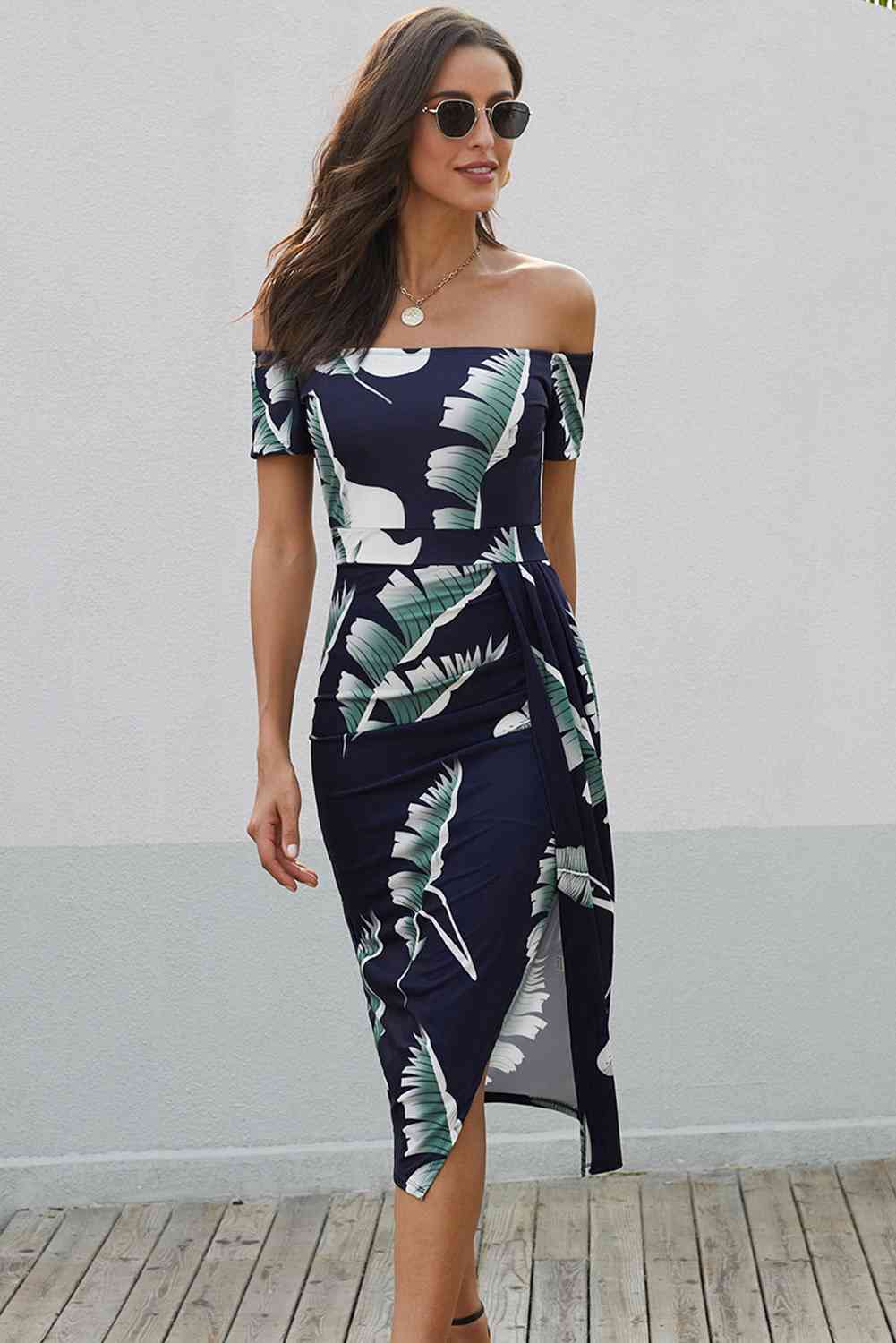 Printed Off-Shoulder Split Dress - Ladyez